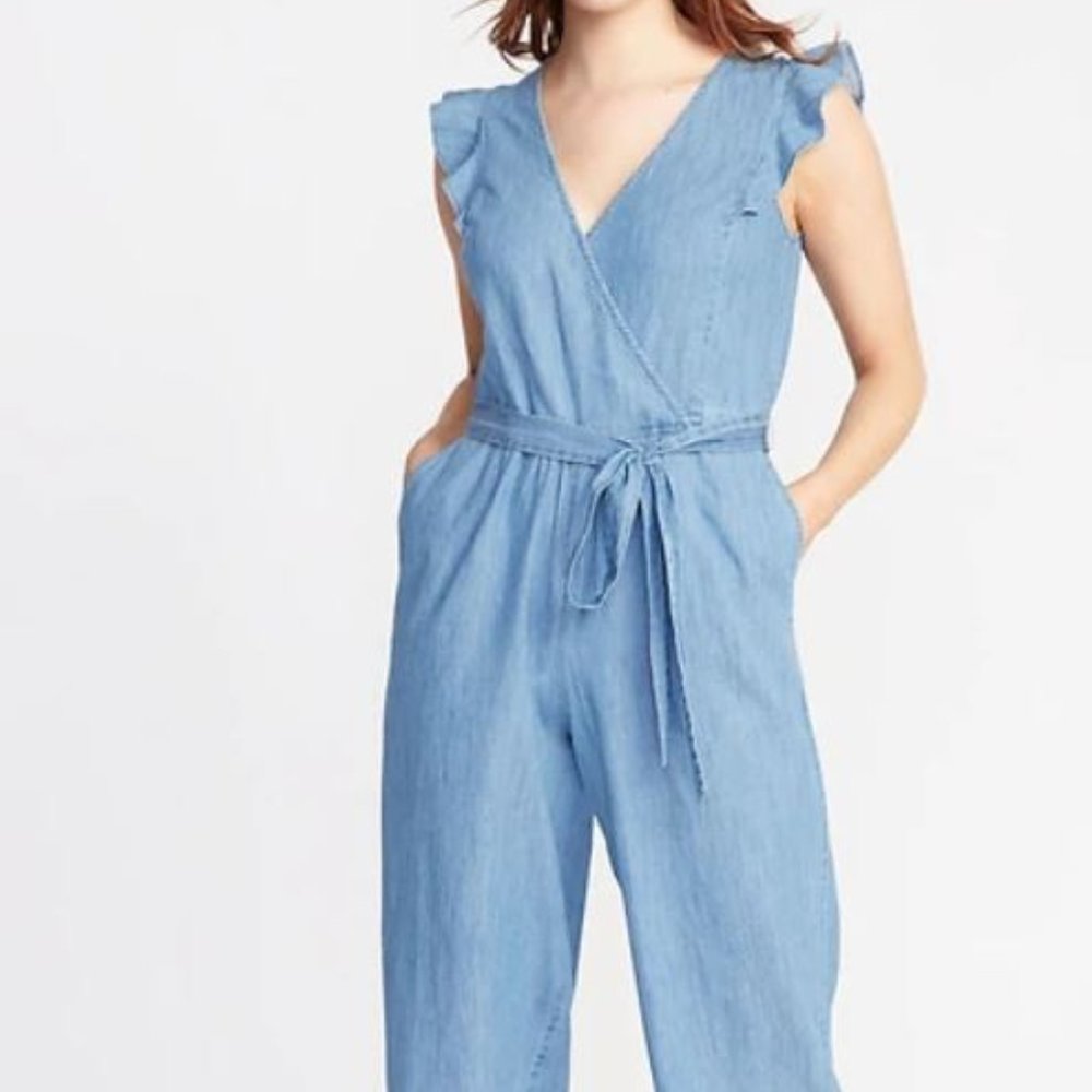 Chambray Faux-Wrap Tie-Belt Jumpsuit XXL